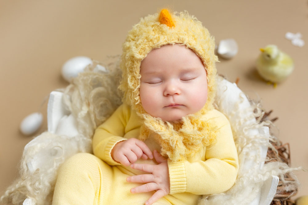Little charming newborn girl sleeps in a chicken costume. Neutral background. Studio shot of a ten-day-old newborn baby. Beginning of life. Baby in a shell, chicken