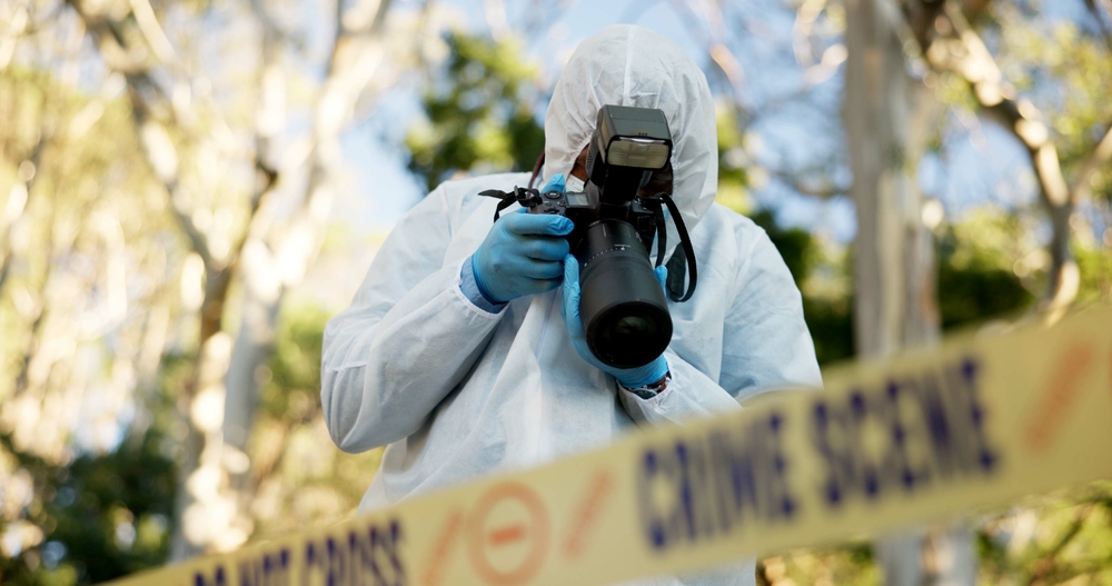photographer and police tape at crime scene