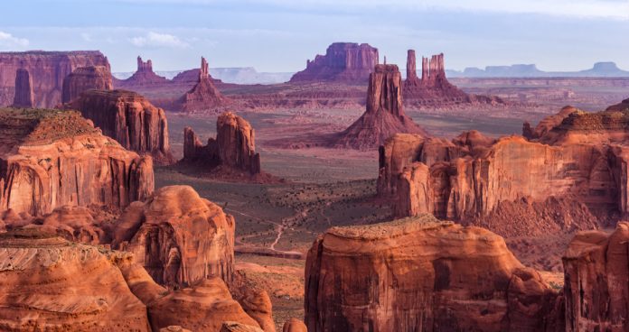 Sunrise in Hunts Mesa navajo tribal majesty place near Monument Valley, Arizona, USA