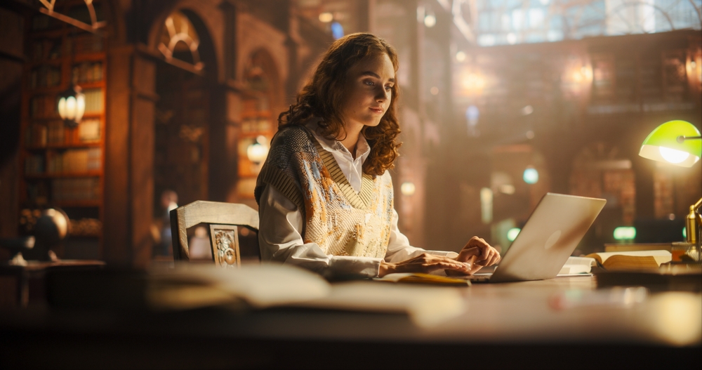 Young Woman Writing in a Majestic Library